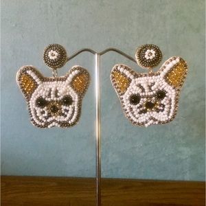 NWT Cute White Frenchie Beaded Earrings Handmade in India